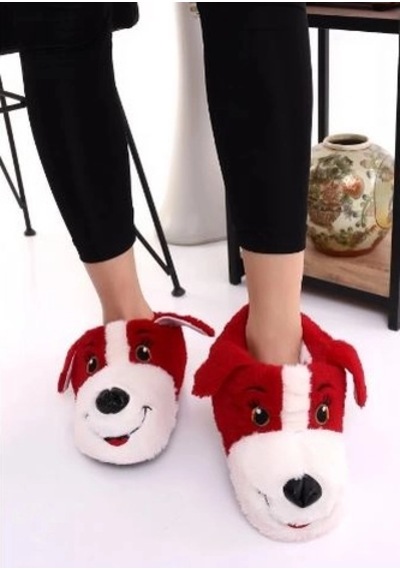 Mergenshoes Unisex Kırmızı Köpekli Panduf Ev Botu Kırmızı Kırmızı