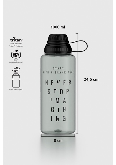 Renga Ege Yazı Desenli 1000 Ml Tritan Matara 912141 Siyah Siyah