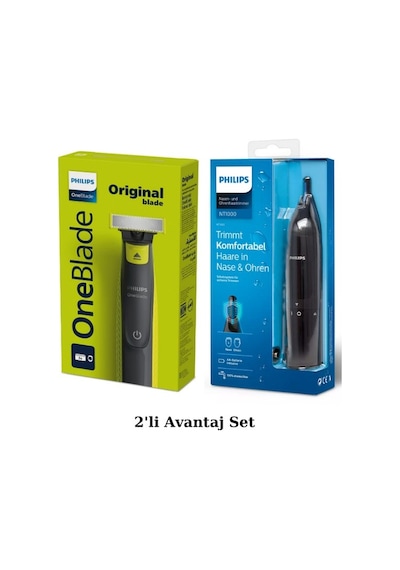 Philips QP2724/10 Oneblade Yüz Şekillendirici + NT1650 Burun Kulak Kılı Temizleme Makinesi