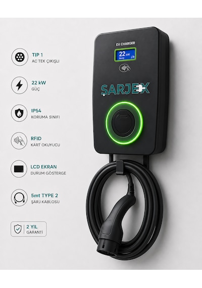 Şarjex 22 Kw Şarj İstasyonu 5m Kablolu, 32A, 22kW, Type 2