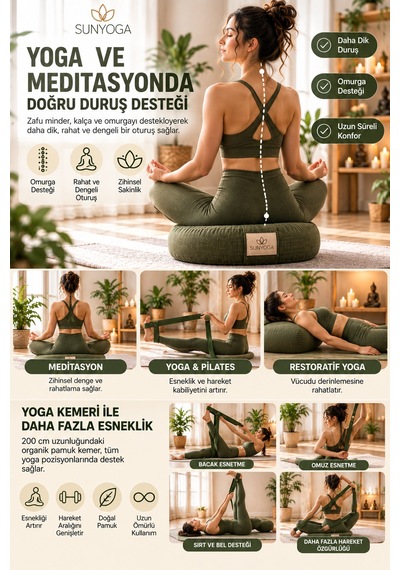 Zafu Meditasyon Minderi + 200 Cm Yoga Kemeri Seti Karabuğday Dolgulu 35x12 Cm Yeşil