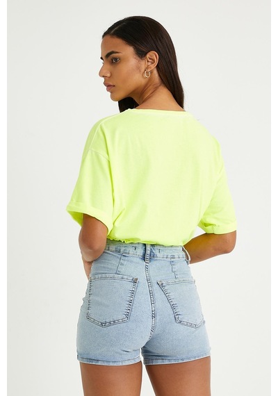 Kadın Neon Yağ Yıkamalı T-shirt Sarı Yeşil