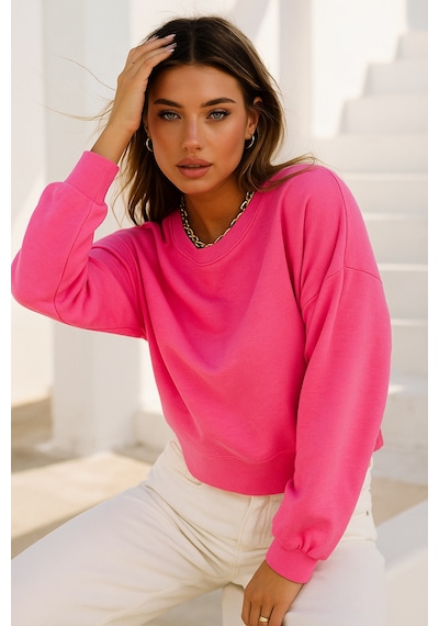 Kadın Pembe Pamuklu İnterlock Oversize Sweatshirt Pembe