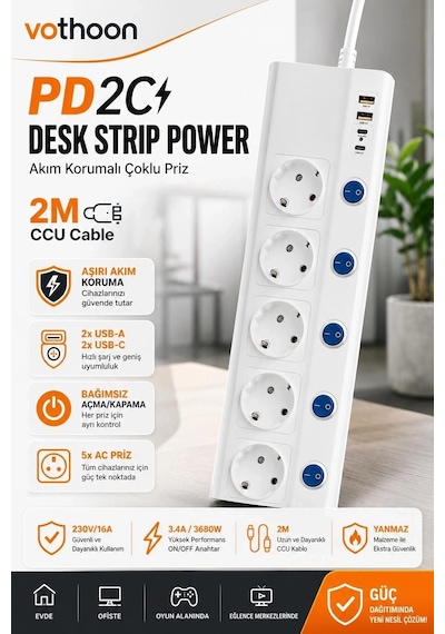 5 Li Akım Korumalı Çoklu Priz 2 Metre Kablolu 3680w 16a 5 Anahtarlı 2usb-a 2 Usb-c Pd 20w Hızlı Ftr-28