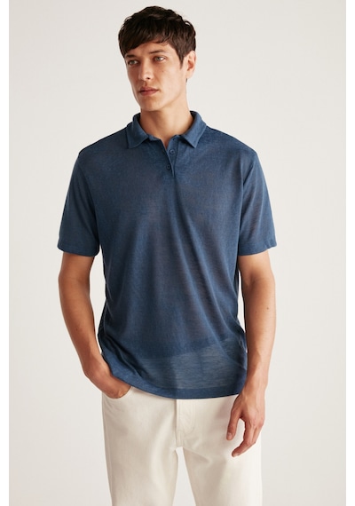 Grımelange Toby Erkek Polo Keten Görünümlü Tiril Tiril Kumaşlı Lacivert Polo Yaka T-shirt