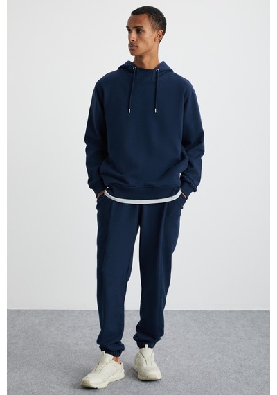 Grimelange Alessıo Erkek %100 Pamuk Kapüşonlu Kordon Detaylı Oversize Fit Lacivert Sweatshirt Lacivert
