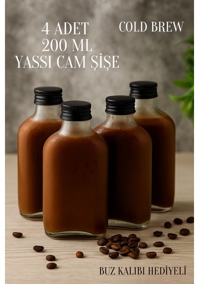 Rotanev 4 Adet Şeffaf Cold Brew Siyah Kapaklı Soğuk Kahve Yassı Cam Şişe 200 ml ve Çubuk Buz Kalıbı