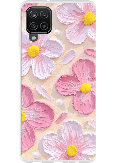 Samsung Galaxy A22-m22-m32 Uyumlu Pembe Beyaz Çiçekler Sulu Boya Baskılı Silikon Kılıf Renkli