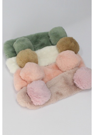 Toyaş Pon Pon Peluş Bandana Makyaj Spa Saç Bandı Beyaz Çok Renkli
