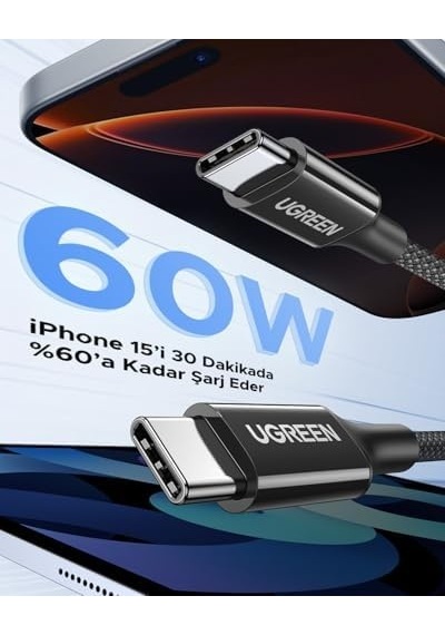 Usb-c 60w 3a Qc Pd Örgülü Hızlı Şarj Kablosu, 2 Metre, Beyaz, 35254