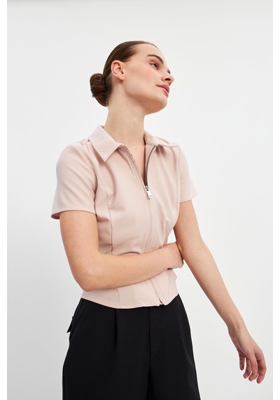 Stella Pulvis Pudra Fermuarlı Slim Fit Kuplu Bluz Pudra