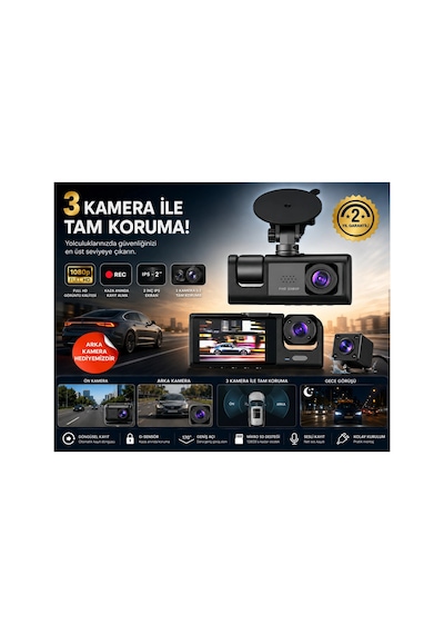 Wifi Destekli 1080p 3 Kameralı Araç İçi Kamera Lcd Ekranlı Gece Görüşlü G Sensörlü