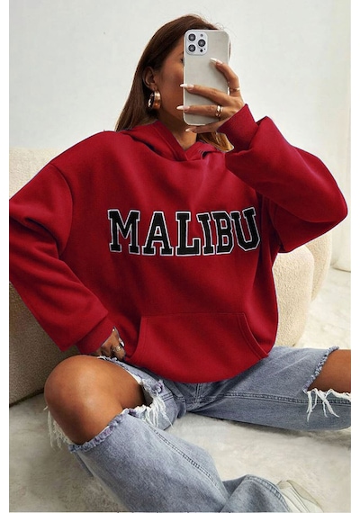 Medinenur Unisex Malibu Baskılı Sweatshirt Kırmızı