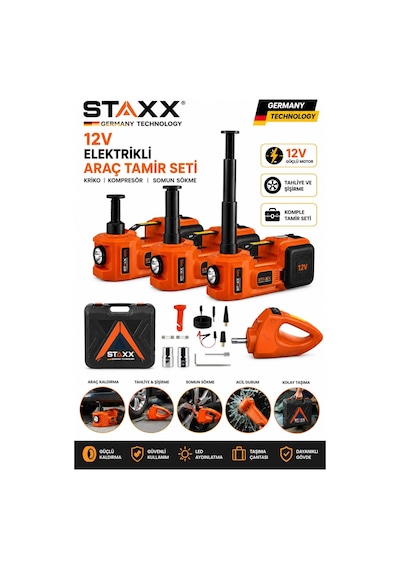 Staxx St12ryma Premium Muhteşem Kriko Seti Elektrikli Kriko Kompresör Bijon Sökme Ve Led Fenerli Ful