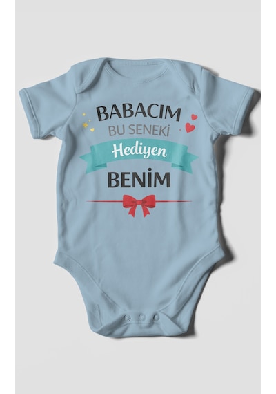 Morivokids Babacım Bu Seneki Hediyen Benim Kısa Kollu Bebek Body %100 Pamuk Bebe Mavisi