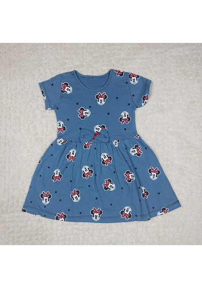 Momikon Minnie Mouse Desenli Fiyonk Detaylı Pamuklu Kız Çocuk Elbise Koyu Mavi
