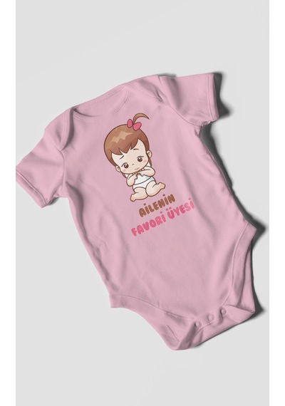 Ailenin Favori Üyesi Baskılı Bebek Zıbını Çıtçıtlı Body %100 Pamuk Kısa Kol Koyu Pembe