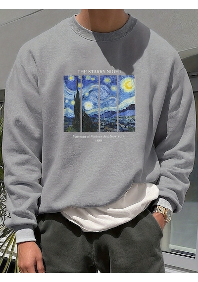 Uyguntarz Unisex The Starry Night Baskılı Oversize Sweatshirt Gri