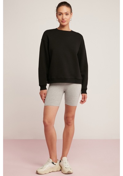 Ethıquet Sahra Kadın Pamuklu Içi Polarlı Yumuşacık Oversize Yuvarlak Yaka Basıc Siyah Sweatshirt