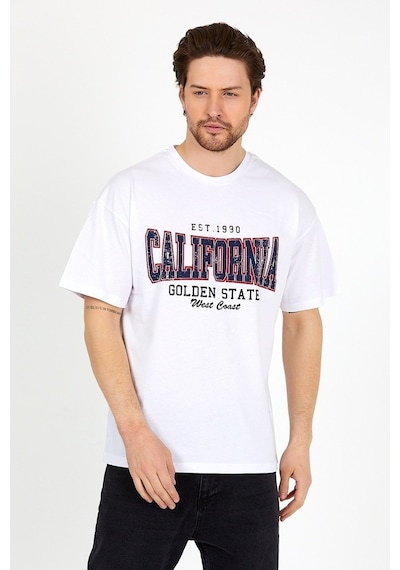 Unisex Beyaz Baskılı Bisiklet Yaka Oversize T-Shirt-Beyaz