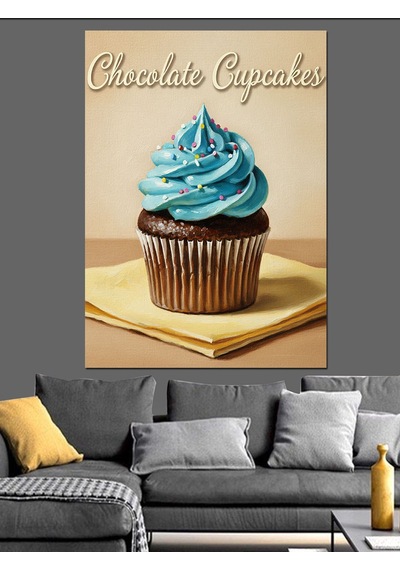 Ahşap Tablo Mavi Kremalı Cupcake Lezzetli Yiyecek Ve İçecek Tabloları