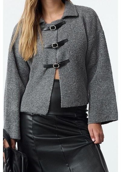 Ersefa Stil Modern Kadın Regular Standart Kol Polo Yaka Buklet Mont Görü Gri