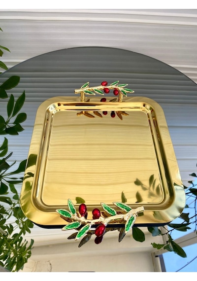 Atabey Home Collection 6'lı Kahve & Çay & Sunum Tepsisi Gold Tepsi Zeytin Dali & Kiraz Modele Uyumlu