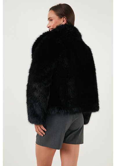 Lela Oversize Fit Gömlek Yaka Cepli Astarlı  Mont Bayan Kürk 497Berry Siyah