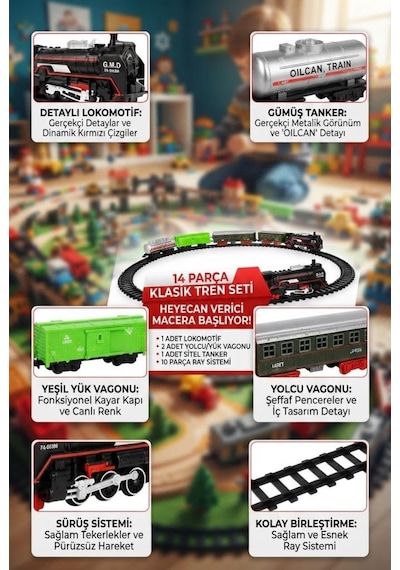 14 Parça Klasik Pilli Tren Seti Demiryolu Tren Oyunu 104x68 Cm Raylı Lokomotif Oyuncak Tren