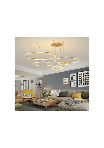 Eskitme Gold 5'li Halka Led 4000k Gün Işığı Sarkıt Modern Avize