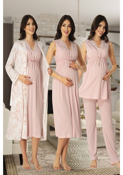 Kaktüslohusa Mayss Collections 8036 Pembe Renk Gecelik Sabahlık,pijama 4'lü Takım Seti Pembe