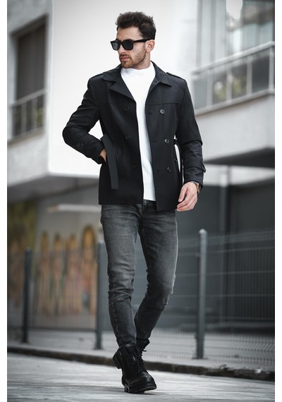 Oksit Lusaka Su İtici Slim Fit Kemer Detaylı Trençkot Siyah