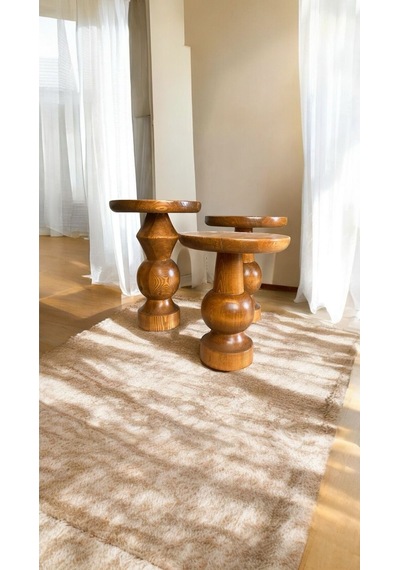 Simillo Wood Ahşap 3 Lü Set Mantar Yan Sehpa / Tik Ağacı Renk / Zigon Sehpa Tik Ağacı