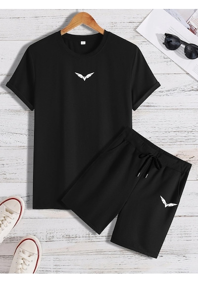 Unisex Oversize Kanat Baskılı Beyaz Bisiklet Yaka Siyah T-shirt Siyah Şort Siyah