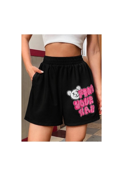 Tarzsokak Qutie Slogan & Cartoon Graphic Slant Pocket Track Şort Pembe