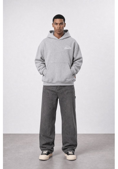 Respire Erkek Served Cold Baskılı Oversize Hoodie Melanj Gri Melanj