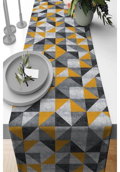 Sarı Geometrik Desenli Premium Masa Örtüsü Runner Rnr380n11