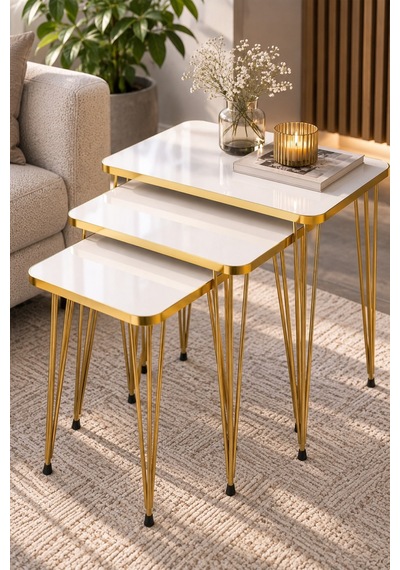 Sulorahome Gold Tel Zigon Sehpa Takımı Beyaz 3'lü Beyaz - Altın