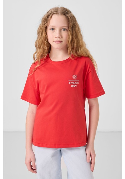 Fiesta Pamuklu O Yaka Oversize Fit Baskılı Kız Çocuk T-shirt - 75178 Kırmızı