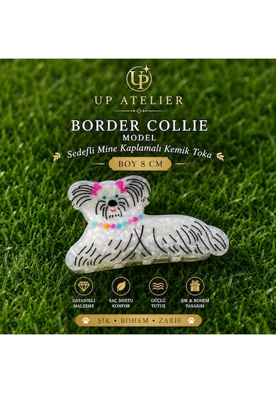 Sedefli Mine Kaplamalı Border Collie Kemik Toka 8cm Beyaz