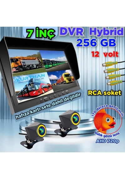 2 Adet 4x3 Cm. Ahd 720p 170 Derece Balık Gözü Lens Kamera 7 İnç Ips Qled 256 Gb Dvr Monitör 12 V