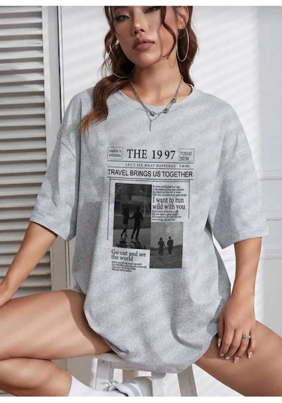 Kozia Outdoors Gazete Baskılı Oversize Unisex O Yaka Basic T-shirt Gri