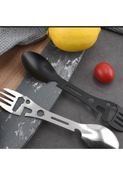 2'li Paket 5'i 1 Arada Spork Seti Paslanmaz Çelik Kamp Çatal Kaşık Bıçak Şişe Açacağı Outdoor Mkmp-0044 Siyah