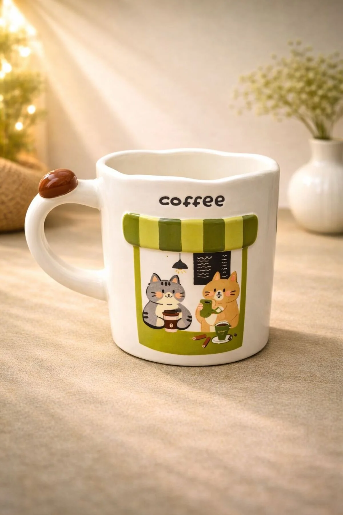 Acar Porselen Lüks Büyük Boy Coffee Dekor Kedili Bardak Kupa 400ml Açık Yeşil