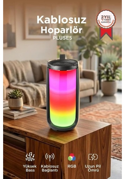 Premium Dinlence Kamp Parti Bluetooth Hoparlör Rgb Işıklı Speaker Pluse5 Siyah