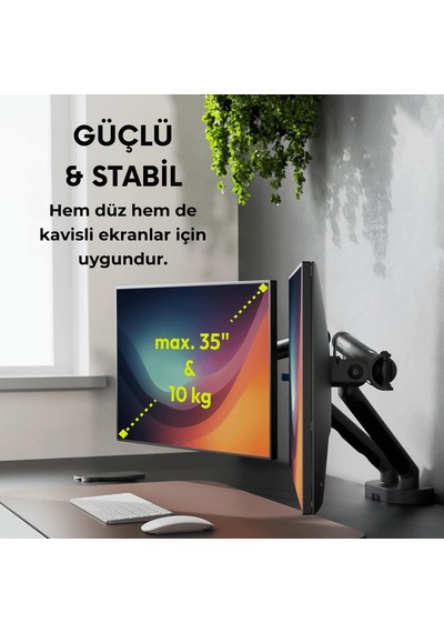Özel Tasarım Çiftli Monitör Kolu Max 35" 10kg Taşıma Kapasiteli Mekanik Yaylı Hızlı Vidasız Montaj Siyah