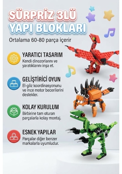 Sürpriz Yumurta 3'lü Set Dinozor Ve Araç Figürlü Yapı Blokları Eğitici Öğretici Parçalı Oyuncak