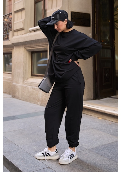 Mezka Regular Fit 2'li Takım Sweatshirt Beli Lastikli Jogger Eşofman Altı Siyah