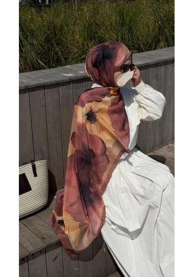 Qalortex Scarf Pamuklu Rosaly Desen Şal-gül Kurusu