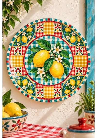 Dekoratif Duvar Tabağı Limonlu Retro Esintiler Dekorlu Seramik Tabak Kırmızı